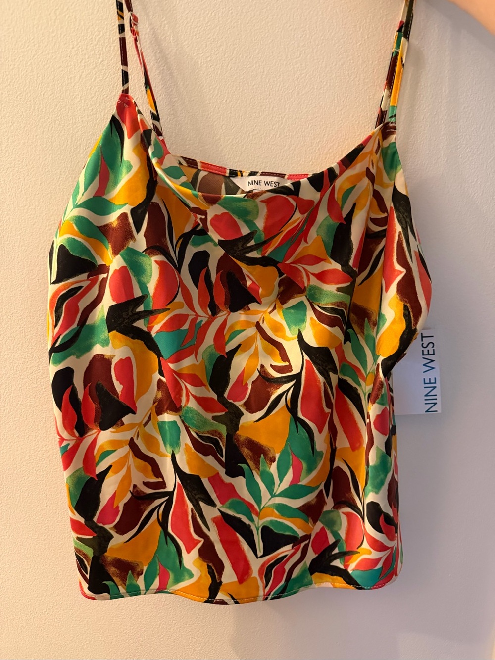 BNWT Nine West Multicolor Leaf-Print Satin Camisole — Red, Yellow, Green, Black